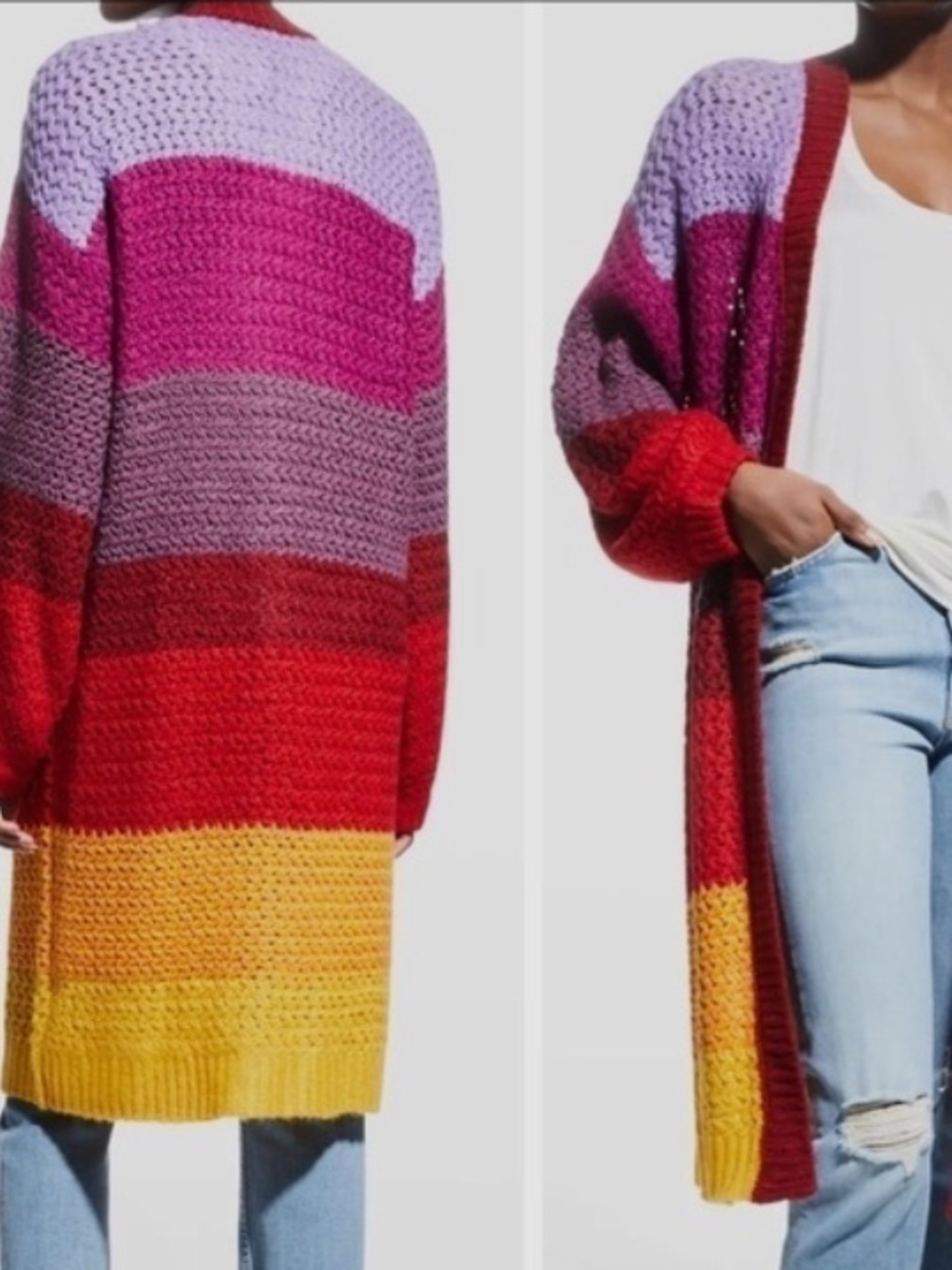 FARM Rio Colorblock Open-Front Knit Cardigan in Pink, Red, Purple & Yellow